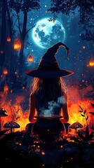 A mystical witch brewing a potion in a cauldron, surrounded by enchanted forest creatures, glowing mushrooms, and floating potion bottles, all under a full moon