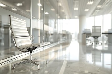 Fototapeta premium Blurred capture of openplan office with glass dividers and minimalist furniture using a zoom blur technique to focus on a single modern chair
