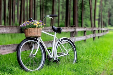 Fototapeta premium An old-fashioned bicycle leaning against a wooden fence, with a basket filled with wildflowers in a quaint country scene