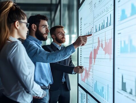 Business team analyzing graphs on a digital screen for data-driven decision making in a modern office environment.