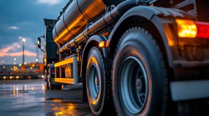 Fuel transport in industrial petroleum plant. Closeup of fuel truck at oil depot Concept Transportation Fuel Industry Oil Depot Operations Refueling Process Closeup