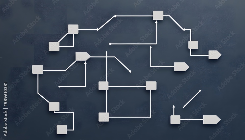 Poster Abstract flowchart with arrows and boxes on a dark background, representing complex processes and workflows.