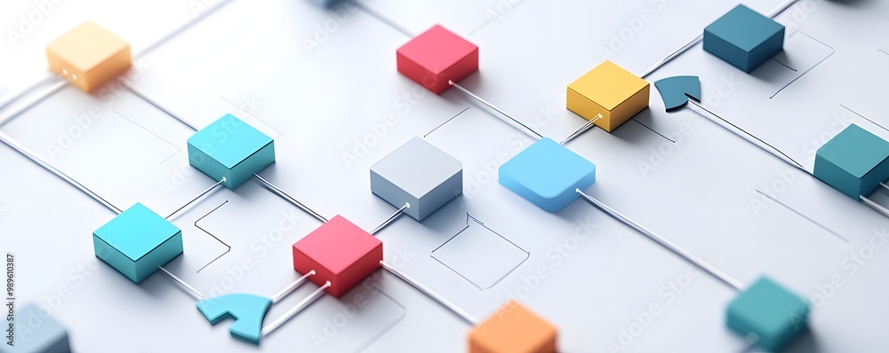 Poster abstract graphic representation of data flow with colorful blocks and arrows on a clean background f