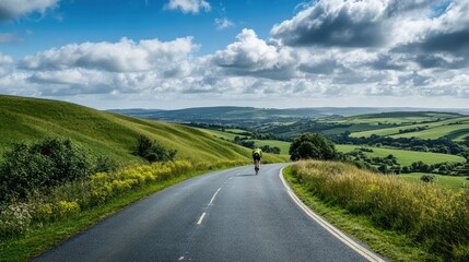 A cyclist speeding down a hill on a paved road in the countryside, with rolling green hills and blue skies in the background.