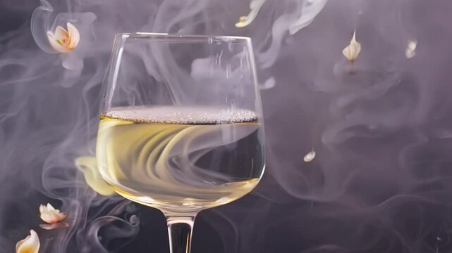 Enjoy a glass of wine set against a dreamy backdrop of swirling smoke and delicate flowers, perfect for a romantic evening. Immerse yourself in the ambiance.