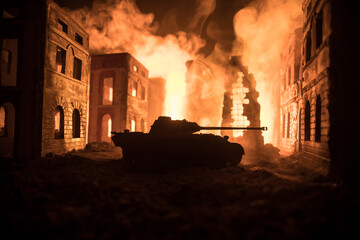 War Concept. Military silhouettes fighting scene on war fog sky background, World War Soldiers Silhouette Below Cloudy Skyline At night. Battle in ruined city.