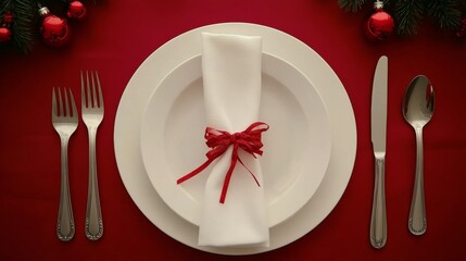 Christmas dinner concept. Christmas plate on the table. Festive Xmas background
