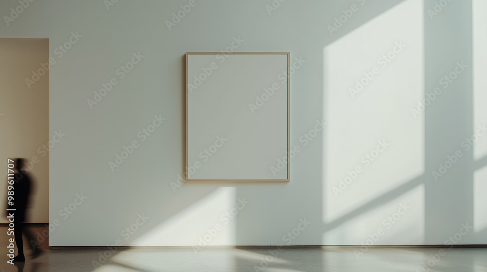 Wall mural Blank artwork, blank poster hanging in a frame mockup on an art gallery walls in art gallery, miminalistic modern art exhibition atmosphere, curated display for creative artwork background