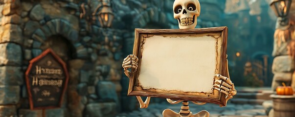 Comical skeleton cartoon holding a customizable text frame, set against a Halloween castle scene.