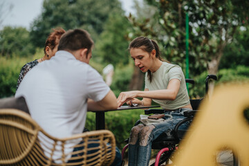 A young woman in a wheelchair enthusiastically interacts with friends outside in a lush, green setting, conveying support and inclusion.