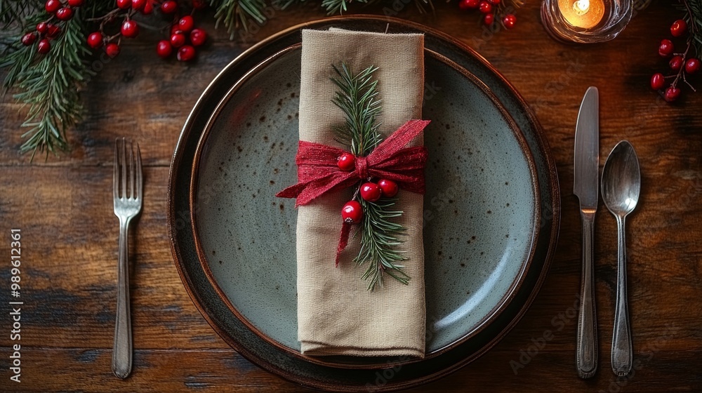 Wall mural christmas dinner concept. christmas plate on the table. festive xmas background