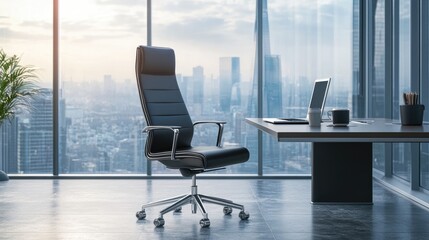 Fototapeta premium A modern office chair with ergonomic design, positioned at a sleek desk with a laptop and a coffee cup, set against a backdrop of an urban city view through the window.