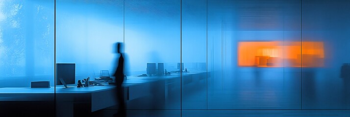 Naklejka premium Blurred office space a long exposure focusing on a minimalist standing desk capturing motion from the natural light streaming through floortoceiling windows