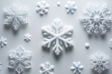 Macro Photography of Isolated Assorted Frozen Snowflakes on Bright White Background Showcasing Intricate Crystal Structures
