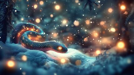 Obraz premium Glowing snake resting in a snowy forest with magical lights