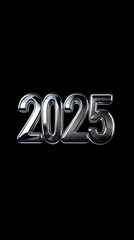 Glossy silver "2025" numbers on black background, minimal style
