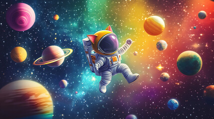 Cat Astronaut flying outer space among colorful planets and stars 3D cartoon illustration
