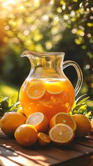 A large glass pitcher filled with vibrant orange and yellow fruit juice, surrounded by slices of oranges and lemons on an outdoor table in the sunlit garden