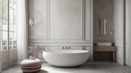 Luxury, minimalist bathroom with elegant freestanding bathtub, large window, modern decor, serene atmosphere, interior, relaxation concept
