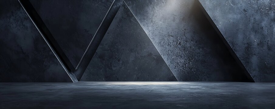 Black and dark gray geometric shapes form a minimalist product display, spotlight-illuminated, in ultra HD.