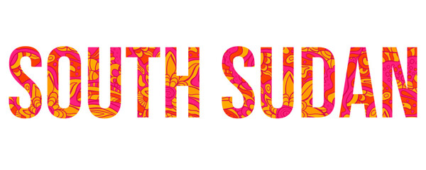 South Sudan country creative text design filled with colorful doodle pattern