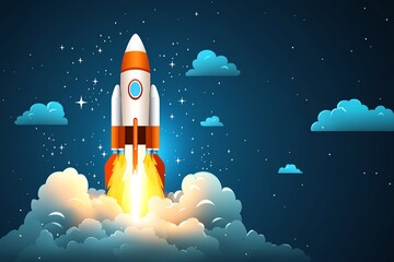 Obraz premium Mission infographic with a rocket, showing a launch toward a bright star, symbolizing ambition and high achievement