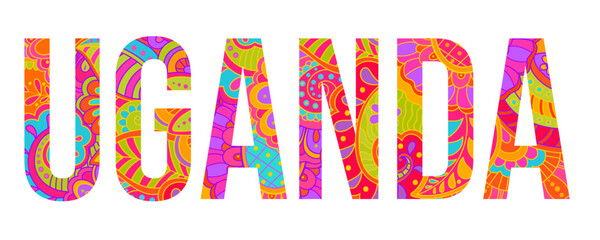 Fototapeta premium Uganda country creative text design filled with colorful doodle pattern