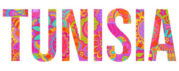Tunisia country creative text design filled with colorful doodle pattern