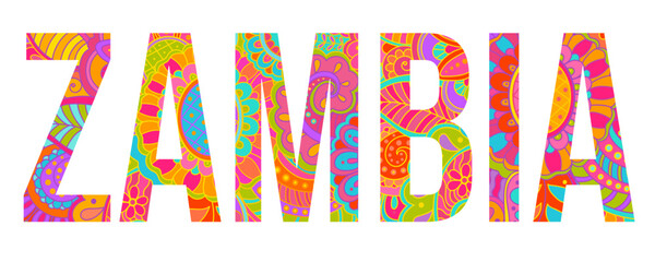 Zambia  country creative text design filled with colorful doodle pattern