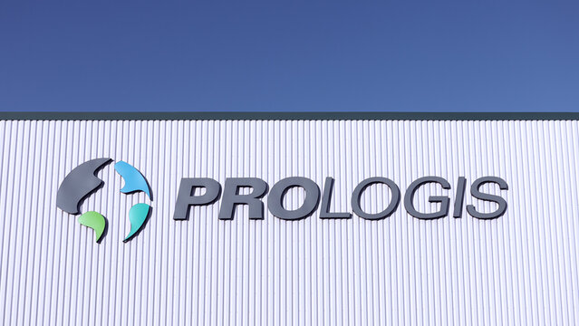 Sady, Poland - September 23, 2024. Prologis, Inc. logo on a warehouse. Prologis is an American real estate investment trust specializing in logistics facilities.