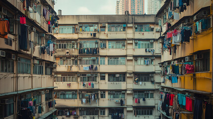 Fototapeta premium A densely populated city in Asia high-rise apartments with balconies filled with drying clothes and signs of economic struggle.