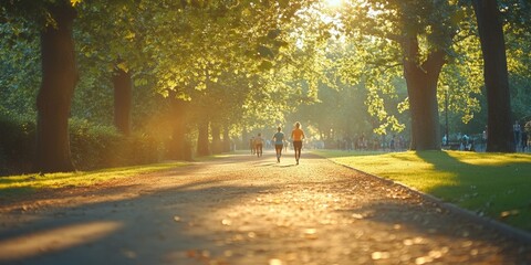 Serene Park Pathway, peaceful trail in a lush park, individuals jogging and walking, gentle blur of trees and nature in the background