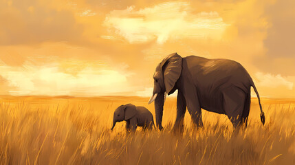 Fototapeta premium A tender moment between mother and baby elephant. Savannah Grasslands. Illustration