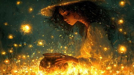 A mystical witch brewing a potion in a cauldron, surrounded by enchanted forest creatures, glowing mushrooms, and floating potion bottles, all under a full moon