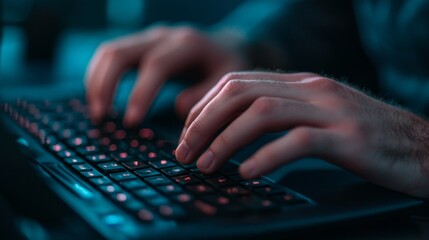 A close-up view of hands typing on a backlit keyboard, evoking a focus on technology and digital communication.