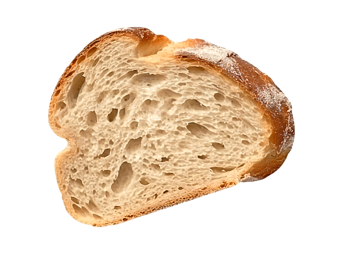 Slice of rustic bread with a golden brown crust and airy texture