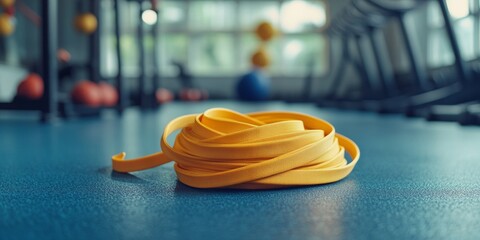 Resistance bands in a fitness space, blurred exercise equipment in the background, vibrant colors, inviting atmosphere, enhancing workout experience