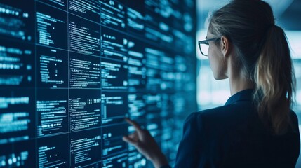 A woman analyzes data displayed on a large digital screen, showcasing a high-tech environment revolving around data science and analytics.