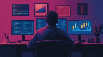 A person sits in front of multiple computer screens, analyzing data and coding in a dimly lit, modern workspace with purple lighting.