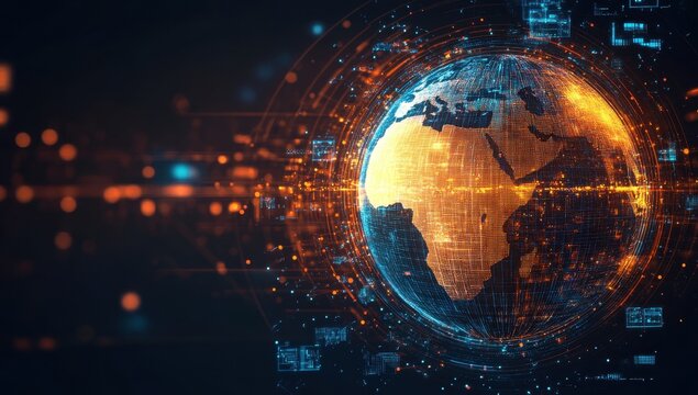 A glowing digital globe with the African continent highlighted, surrounded by futuristic data streams and technology symbols on a dark background, symbolizing global connectivity Generative AI