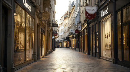Obraz premium A deserted shopping street in a European city with Closed signs in boutique windows and empty walkways.