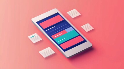 A modern smartphone with colorful app interface and abstract geometric elements on a sleek gradient background.