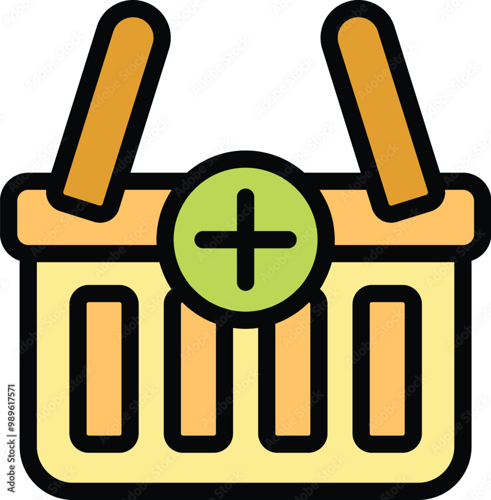 Poster simple icon of a shopping basket with a plus sign, representing the action of adding an item to an o