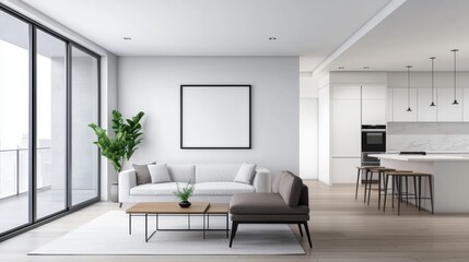 Fototapeta premium A modern, minimalist living room featuring a light sofa, wooden coffee table, and large windows, creating a bright and airy atmosphere.