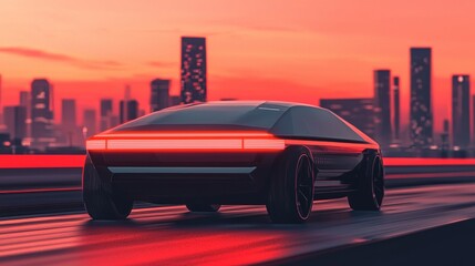 A sleek, futuristic vehicle is showcased against a vibrant sunset skyline, emphasizing modern design and urban aesthetics.