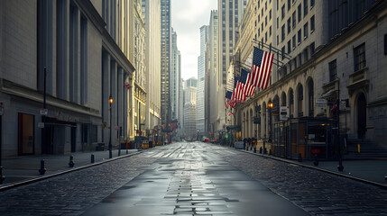 Fototapeta premium A deserted Wall Street with stock exchange banners hanging limply the normally busy street eerily quiet.