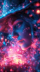 Fototapeta premium A mystical witch brewing a potion in a cauldron, surrounded by enchanted forest creatures, glowing mushrooms, and floating potion bottles, all under a full moon