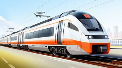 Naklejka premium Modern high-speed train traveling on elevated tracks in a vibrant urban setting during daylight