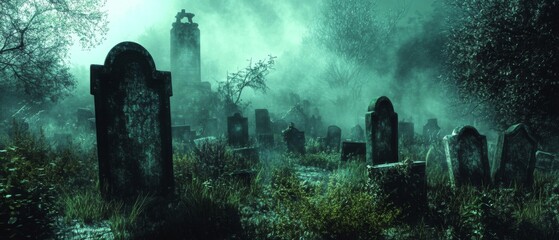 A Foggy Graveyard with Overgrown Gravestones