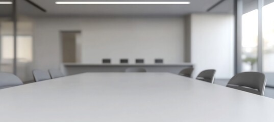 Blurry shot of minimalist corporate boardroom using tiltshift photography to focus on the sleek table while the background fades into soft abstraction